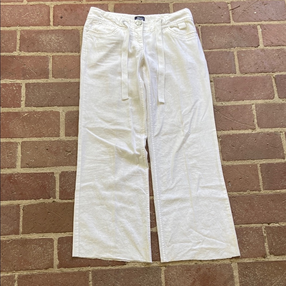 Blue Asphalt White Linen Pants w Drawstring and Pockets.
